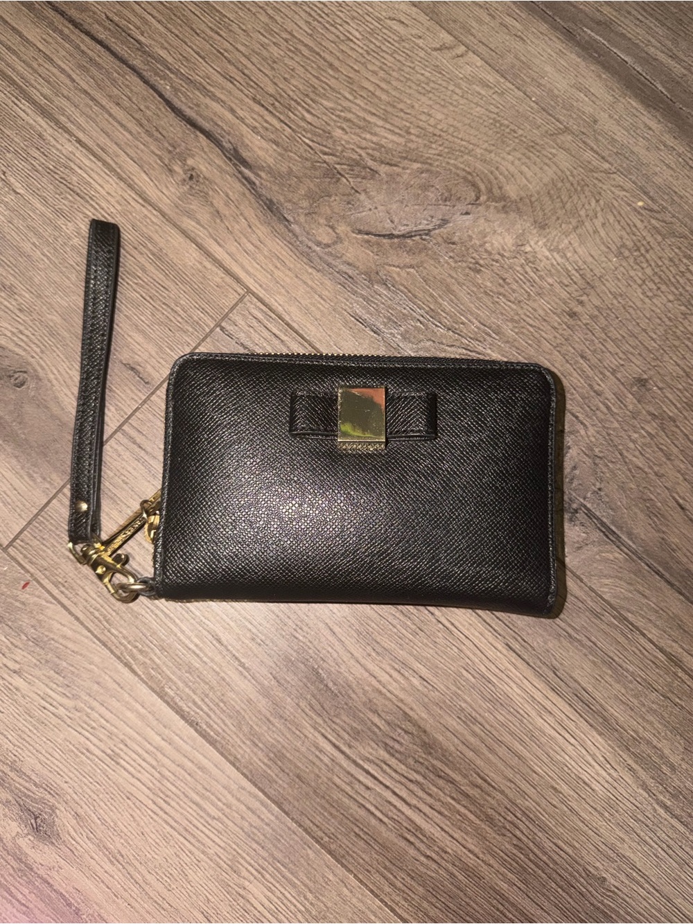 Black Leather Wristlet Wallet with Gold Accent